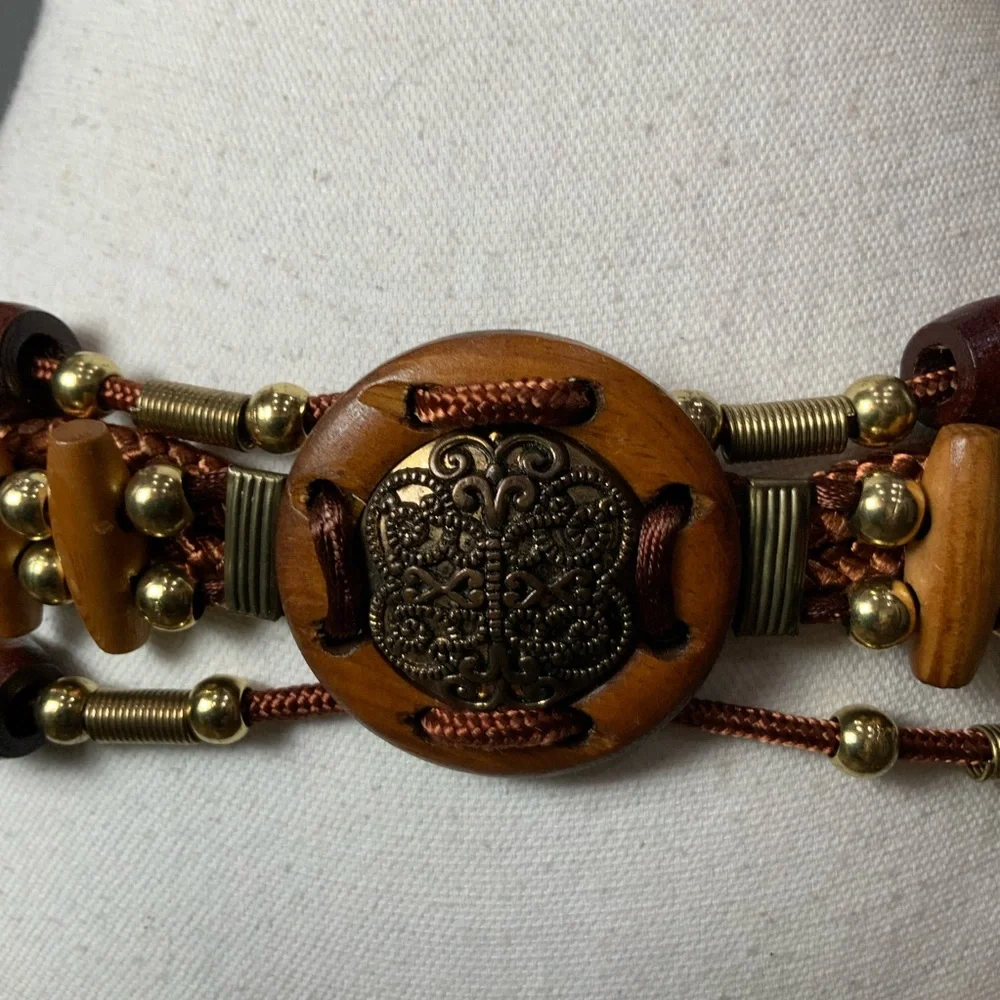 Vintage Bohemian wooden belt with brass accents size small/medium